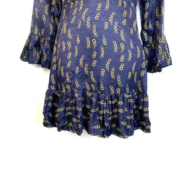 Sandro Milly Dress Chain Link Print Mini Silk Navy Surplice Long Sleeves - Picture 9 of 16